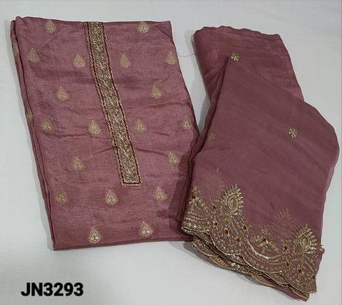 CODE JN3293 : Designer onion Pink pure Dola Silk Unstitched Salwar material(soft and thin fabric, requires lining) with zari weaving buttas on frontside, (butta design might vary)zari thread and sequence work on yoke, matching santoon bottom, zari thread, and sequence work on organza dupatta zari thread and sequence work edges and gota lace tapings.