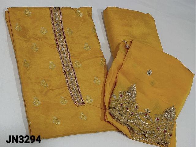 CODE JN3294 : Designer Fenugreek Yellow pure Dola Silk Unstitched Salwar material(soft and thin fabric, requires lining) with zari weaving buttas on frontside, (butta design might vary)zari thread and sequence work on yoke, matching santoon bottom, zari thread, and sequence work on organza dupatta zari thread and sequence work edges and gota lace tapings.