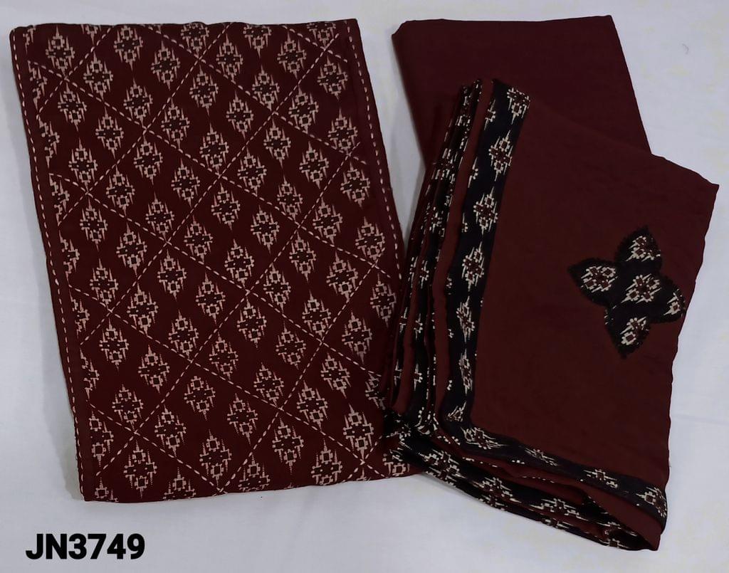 CODE JN3749 : Premium Block Printed Black Cotton Unstitched Salwar material(lining optional) with kantha stitch and maroon patch work on panel design, maroon cotton bottom, applique work on soft silk cotton dupatta with tapings.