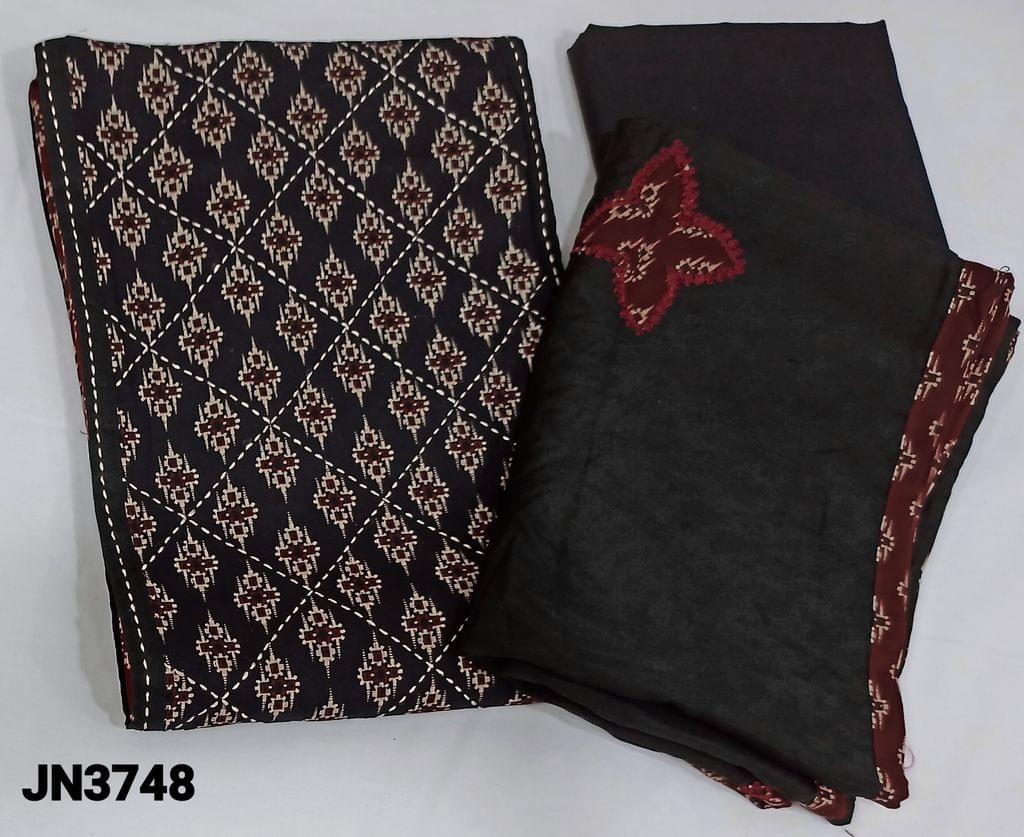 CODE JN3748 : Premium Block Printed Maroon Cotton Unstitched Salwar material(lining optional) with kantha stitch and black patch work on panel design, black cotton bottom, applique work on soft silk cotton dupatta with tapings.