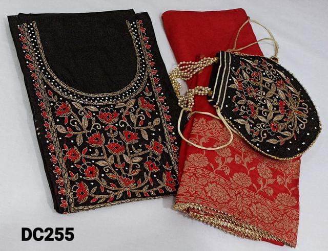 CODE DC255 :  Designer Black Party Wear Chanderi silk Cotton unstitched Salwar material(thin Fabric requires lining) with Heavy sugar bead, sequins, Thread work, Zardosi work,faux mirror on yoke and front side, , Daman gota lace taping, Red Santoon bottom, Red Dola Silk Dupatta with Heavy zari work and bead taping, Designer Pouch with Heavy thread, bead and sequins work, with pearl beaded handle
