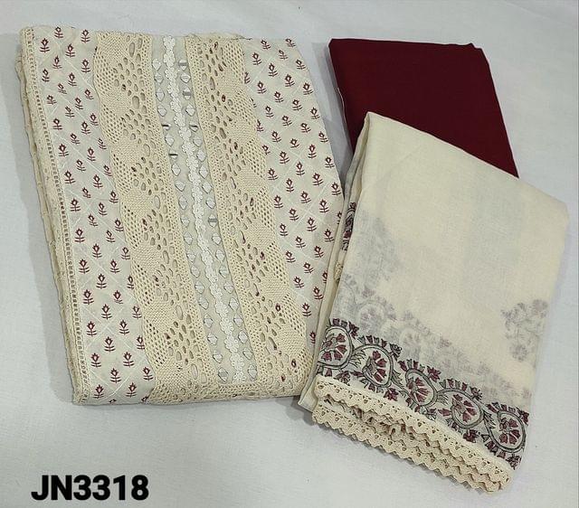 CODE JN3318 : Half White Hokoba Cotton unstitched salwar material(This fabric requires lining) with Crochet work on yoke, with Block prints on panel, haboka work on both side, Chrochet lace work on daman, Block printed back, Brown cotton bottom, Premium mul cotton dupatta with block prints.