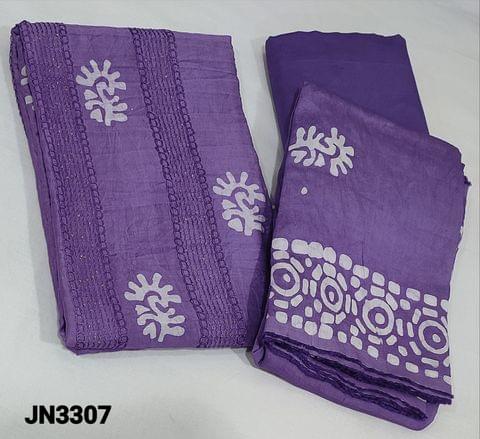 CODE JN3307: Batik Dyed Purple Soft silk Cotton unstitched Salwar materials(lining required) with thread and sequence work on frontside, matching silky bottom, Batik dyed soft silk cotton dupatta(requires taping)