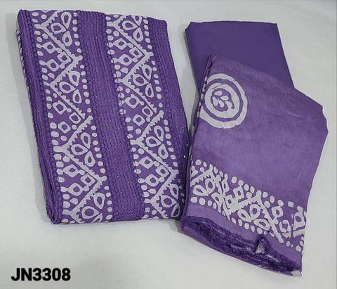 CODE JN3308: Batik Dyed Purple Soft silk Cotton unstitched Salwar materials(lining required) with thread and sequence work on frontside, matching silky bottom, Batik dyed soft silk cotton dupatta(requires taping)