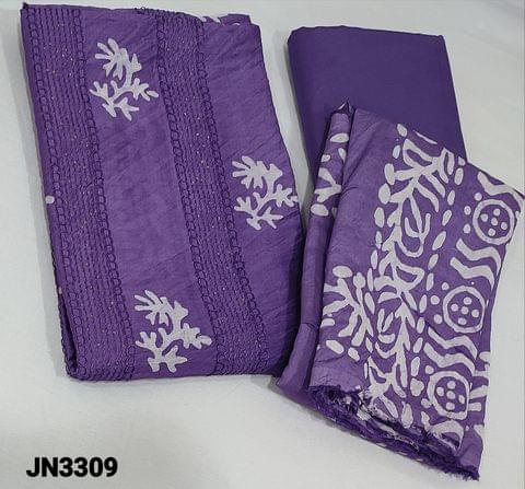 CODE JN3309: Batik Dyed Purple Soft silk Cotton unstitched Salwar materials(lining required) with thread and sequence work on frontside, matching silky bottom, Batik dyed soft silk cotton dupatta(requires taping)