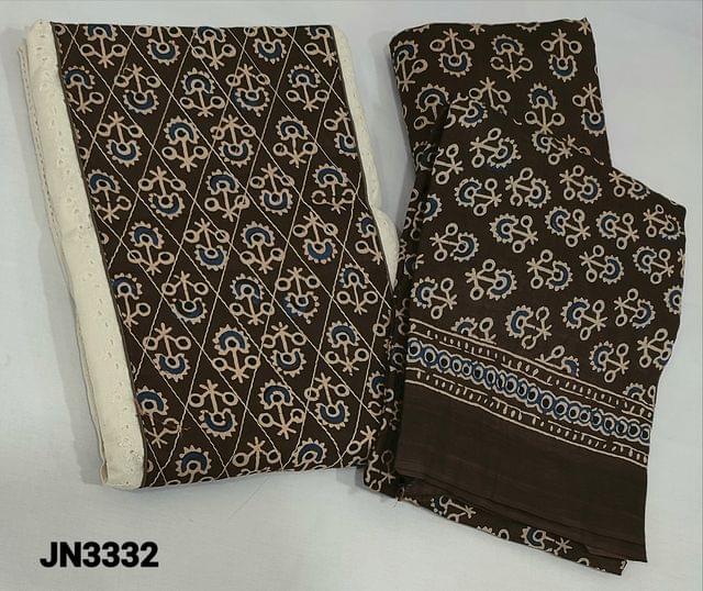 CODE JN3332 : Half White Hokoba Khadhi Cotton unstitched salwar material(This fabric requires lining) with Block printed Patch work on yoke,  haboka work on both side, Block printed back, Block Printed Green cotton bottom, mul cotton dupatta with block prints as tassels