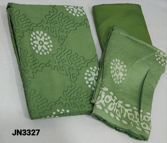CODE JN3327: Batik Dyed Green Soft silk Cotton unstitched Salwar materials(lining required) with Thread embroidery work on frontside, matching silky bottom, Batik dyed soft silk cotton dupatta(requires taping)