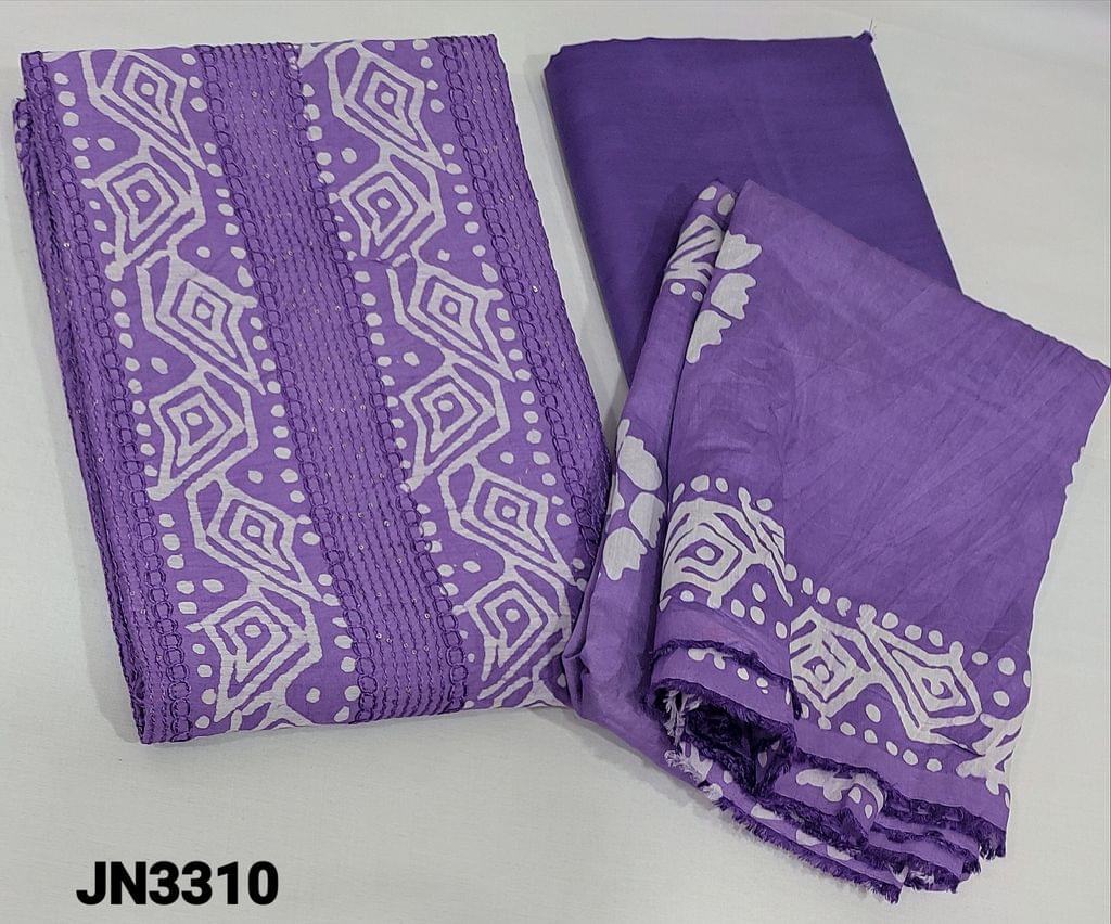 CODE JN3310: Batik Dyed Purple Soft silk Cotton unstitched Salwar materials(lining required) with thread and sequence work on frontside, matching silky bottom, Batik dyed soft silk cotton dupatta(requires taping)