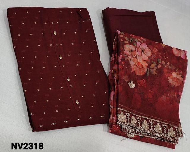 CODE NV2318 : Premium Reddish Maroon soft Silk Cotton unstitched Salwar material(requires lining) with zari weaving buttas all over, matching thin silky bottom, Digital floral printed ,thread and sequence work on fancy organza dupatta