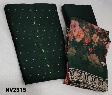 CODE NV2315 : Premium Bottle Green soft Silk Cotton unstitched Salwar material(requires lining) with zari weaving buttas all over, matching thin silky bottom, Digital floral printed , thread and sequence work on fancy organza dupatta