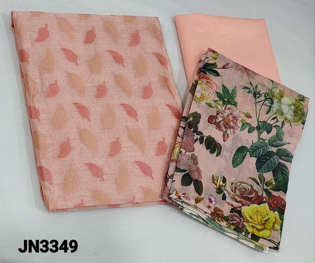 CODE JN3349 : Peach Silk Cotton unstitched salwar material(thin fabric requires lining) with Heavy Leaf embroidery patterns on front side, plain back, Silky and thin silk cotton matching bottom, Digital printed Silk cotton dupatta