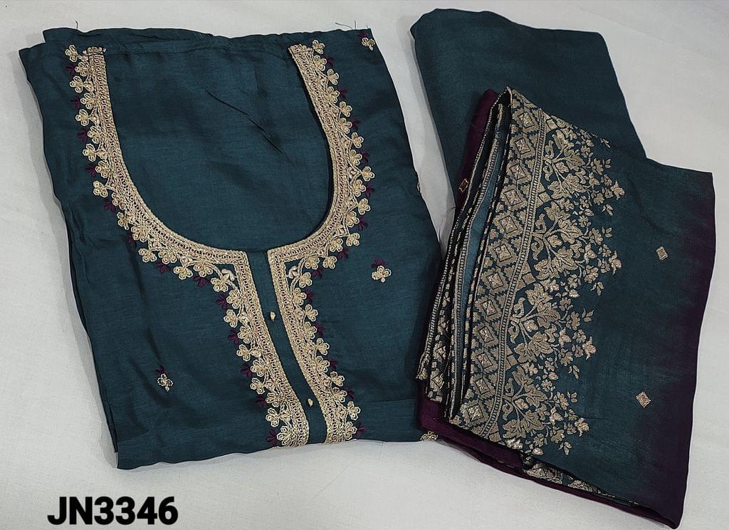 CODE JN3346 : Designer Blue Pure Dola Silk unstitched Salwar material(requires lining) with zari, thread and sequence work on yoke, matching Santoon bottom, Daul Shaded Benarasi weaving Dola Silk Dupatta