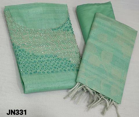 CODE JN331: Premium turquoise Green and silver Tissue Silk Cotton unstitched Salwar material(thin fabric requires lining) with cut bead, real mirror, and pearl bead work on yoke, matching silky bottom, silver zari weaving (Embroidery pattern will vary) on tissue silk cotton dupatta with tassels