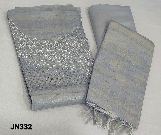 CODE JN332: Premium Grey and silver Tissue Silk Cotton unstitched Salwar material(thin fabric requires lining) with cut bead, real mirror, and pearl bead work on yoke, matching silky bottom, silver zari weaving (Embroidery pattern will vary) on tissue silk cotton dupatta with tassels