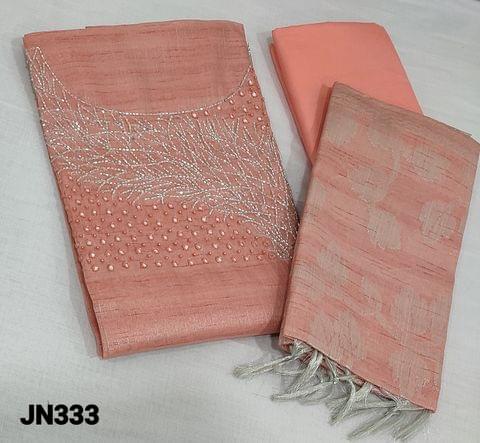 CODE JN333: Premium Pastel Peach and silver Tissue Silk Cotton unstitched Salwar material(thin fabric requires lining) with cut bead, real mirror, and pearl bead work on yoke, matching silky bottom, silver zari weaving (embroidery patterns will vary) on tissue silk cotton dupatta with tassels