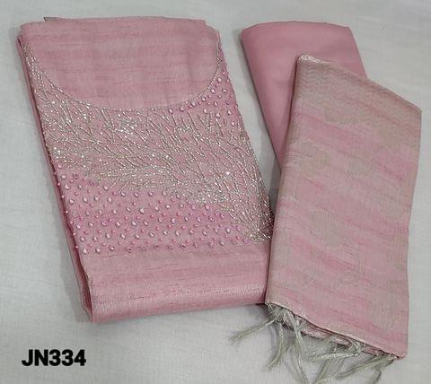 CODE JN334: Premium Pink and silver Tissue Silk Cotton unstitched Salwar material(thin fabric requires lining) with cut bead, real mirror, and pearl bead work on yoke, matching silky bottom, silver zari weaving (embroidery patterns will vary) on tissue silk cotton dupatta with tassels