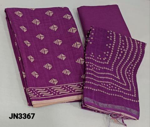 CODE JN3367 : Dark Purplish Pink Printed Premium linen Unstitched Salwar material (thin textured fabric lining needed),matching cotton bottom,printed linen dupatta with thin silver zari borders and tassels
