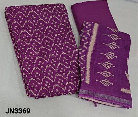 CODE JN3369 : Dark Purplish Pink Printed Premium linen Unstitched Salwar material (thin textured fabric lining needed),matching cotton bottom,printed linen dupatta with thin silver zari borders and tassels