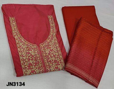 CODE JN3134: Premium Dark Pink Silk Cotton unstitched salwar material(thin fabric requires lining) with zari and thread embroidery work on yoke, orange cotton bottom, zari weaving buttas on  jakard silk cotton dupatta