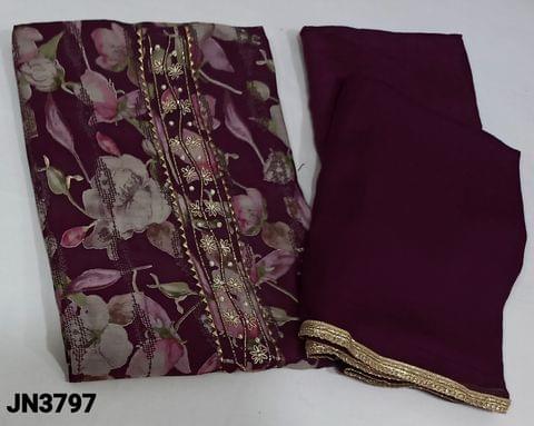 CODE JN3797:Beetroot purple floral printed viscous silk unstitched salwar material(thin silky fabric ,lining needed)sequins and thread work on front side, zardosi,pearl bead and faux mirror on yoke,matching santoon bottom,plain chiffon dupatta with fancy lace tapings