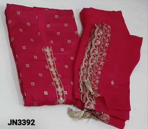 CODE JN3392: Designer Bright Pink Dola Silk unstitched salwar material(thin silky fabric requires lining) with zari woven buttas on  frontside,zari and sequence work on yoke, matching santoon bottom, short width pure organza dupatta with sequins work