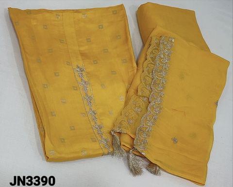 CODE JN3390: Designer Mango Yellow Dola Silk unstitched salwar material(thin silky fabric requires lining) with zari woven buttas on  frontside,zari and sequence work on yoke, matching santoon bottom, short width pure organza dupatta with sequins work