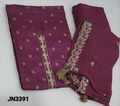 CODE JN3391: Designer Beetroot Purple Dola Silk unstitched salwar material(thin silky fabric requires lining) with zari woven buttas on  frontside,zari and sequence work on yoke, matching santoon bottom, short width pure organza dupatta with sequins work