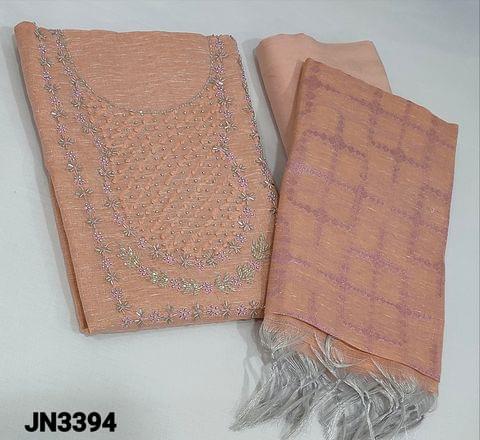 CODE JN3394 : Premium Pastel Peach and Silver baseTissue Silk Cotton Unstitched Salwar material(thin fabric, requires lining) with thread and beadwork  on yoke, matching santoon bottom, pink zari weaving  on tissue silk cotton dupatta with tassels