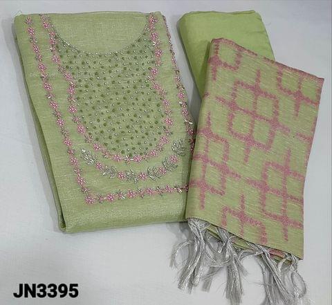 CODE JN3395 : Premium Pastel Green and Silver baseTissue Silk Cotton Unstitched Salwar material(thin fabric, requires lining) with thread and beadwork  on yoke, matching santoon bottom, pink zari weaving  on tissue silk cotton dupatta with tassels