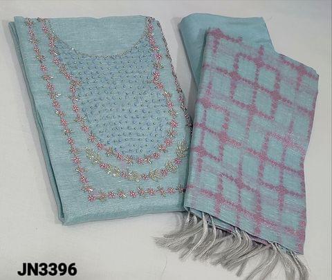 CODE JN3396 : Premium Pastel Blue and Silver baseTissue Silk Cotton Unstitched Salwar material(thin fabric, requires lining) with thread and beadwork  on yoke, matching santoon bottom, pink zari weaving  on tissue silk cotton dupatta with tassels