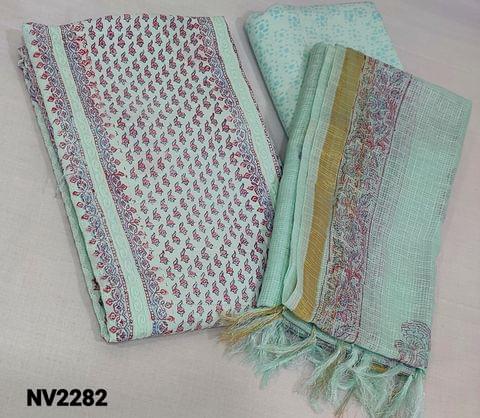 CODE NV2282:  Pastel blue chikankari embroidered soft pure cotton  unstitched Salwar material( thin fabric lining needed),block printed design all over,printed soft cotton bottom,block printed kota silk cotton dupatta with gold zari borders