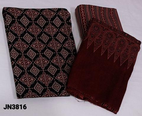 CODE JN3816: Black Ajrak Block Printed pure soft Cotton Unstitched salwar material(lining optional) , ajrak block printed cotton bottom, ajrak block printed mul cotton dupatta(requires taping)as these are hand block printed suits overlapping of prints are common