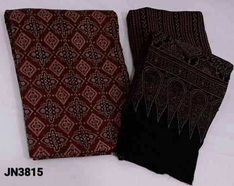 CODE JN3815: Maroon Ajrak Block Printed pure soft Cotton Unstitched salwar material(lining optional) , ajrak block printed cotton bottom, ajrak block printed mul cotton dupatta(requires taping)as these are hand block printed suits overlapping of prints are common