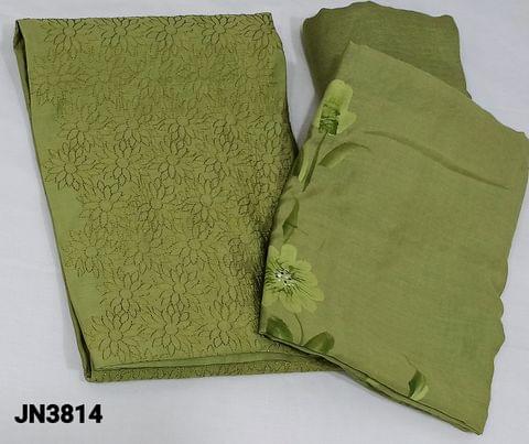 CODE JN3814:Cardamon Green Soft silk Cotton unstitched Salwar materials(lining required) with embroidery work on panel and brush paint work on frontside,matching santoon bottom, brush paint work on soft silk cotton dupatta(requires taping)