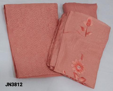 CODE JN3812: Peachish Pink Soft silk Cotton unstitched Salwar materials(lining required) with embroidery work on panel and brush paint work on frontside,matching santoon bottom, brush paint work on soft silk cotton dupatta(requires taping)