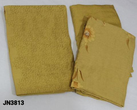 CODE JN3813: Mehandhi Yellow Soft silk Cotton unstitched Salwar materials(lining required) with embroidery work on panel and brush paint work on frontside,matching santoon bottom, brush paint work on soft silk cotton dupatta(requires taping)