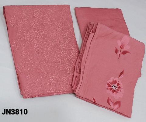 CODE JN3810: Pink Soft silk Cotton unstitched Salwar materials(lining required) with embroidery work on panel and brush paint work on frontside,matching santoon bottom, brush paint work on soft silk cotton dupatta(requires taping)