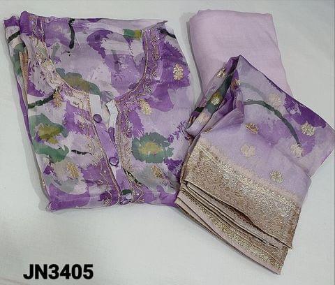 CODE JN3405: Designer Floral printed Lavender pure Organza unstitched Salwar material(light weight thin fabric, requires lining) with zari woven buttas and rich daman ,zari thread and sequins work on yoke, round neck, matching santoon bottom, Digital  printed pure organza dupatta with zari woven borders