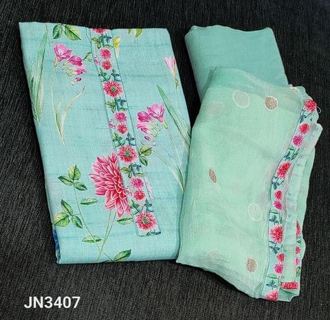 CODE JN3407: Sea Green floral Printed Premium linen Unstitched Salwar material (thin textured fabric lining needed),bead and sequins work on yoke, matching cotton lining provided,NO BOTTOM, chiffon  dupatta with work and tapings