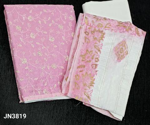 CODE JN3819 :Pastel Pink Fancy Silk cotton unstitched salwar material(lining needed) beautiful jaal embroidery and sequins work on frontside, off white cotton bottom, Block printed self weaving soft silk cotton dupatta