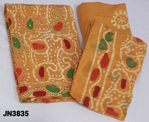 CODE JN3835 : Dark Fenugreek Yellow Wax Batik Dyed pure soft cotton Unstitched salwar material ( lining optional) ,kantha work on front side, matching batik dyed cotton bottom , batik dyed dual shaded mul cotton dupatta(requires taping)