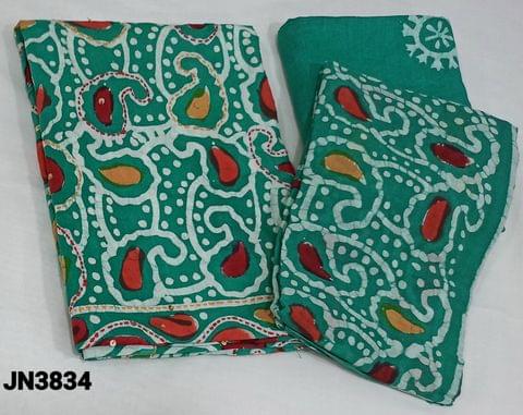 CODE JN3834 : Turquoise Green Wax Batik Dyed pure soft cotton Unstitched salwar material ( lining optional) ,kantha work on front side, matching batik dyed cotton bottom , batik dyed dual shaded mul cotton dupatta(requires taping)