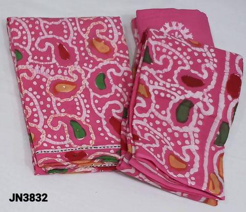 CODE JN3832 : Pink Wax Batik Dyed pure soft cotton Unstitched salwar material ( lining optional) ,kantha work on front side, matching batik dyed cotton bottom , batik dyed dual shaded mul cotton dupatta(requires taping)