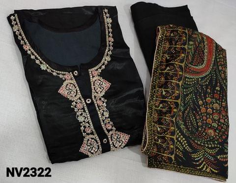 CODE NV2322 : Designer Black Premium Gaji Silk semi stitched Salwar material(requires lining can fit upto XL) with zari embroidery, sequins and buttons on yoke, 3/4 sleeves, matching santoon bottom, Digital printed and mukaish stone work on  Premium velvet dupatta