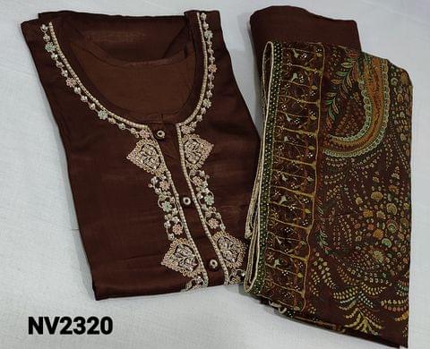 CODE NV2320 : Designer dark Brown Premium Gaji Silk semi stitched Salwar material(requires lining can fit upto XL size) with zari embroidery, sequence and buttons on yoke, 3/4 sleeves, matching santoon bottom, Digital printed and mukaish stone work on premium velvet dupatta