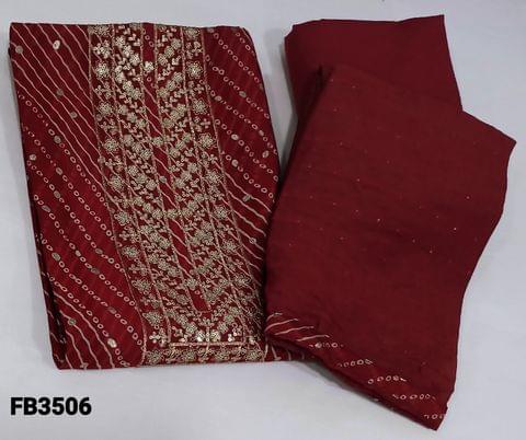 CODE FB3506 : Maroon  Premium Printed Viscous Silk unstitched Salwar material(soft thin silky fabric requires lining) with zari and sequence work on yoke,matching soft pure cotton fabric provided for lining,(NO BOTTOM),soft silk cotton dupatta with sequins work and tapings