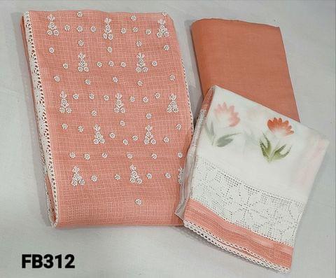 CODE FB312 :Light Peachish Pink Kota Silk Cotton unstitched dress material(thin trasparent fabric,lining needed)bead work on yoke,lace work in panel,pintuck details on frontside,matching pure soft thin cotton fabric provided for lining(NO BOTTOM),brush paint work on chiffon dupatta with broad lace tapings