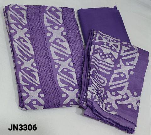 CODE JN3306: Batik Dyed Purple Soft silk Cotton unstitched Salwar materials(lining required) with thread and sequence work on frontside, matching silky bottom, Batik dyed soft silk cotton dupatta(requires taping)