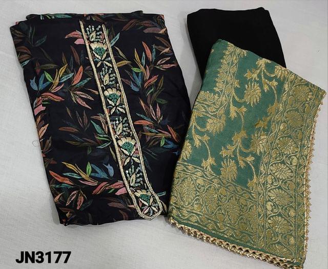 CODE JN3177 : Designer Black Floral Printed pure Silk Organza unstitched Salwar material(light weight thin fabric requires lining) with zardozi and thread work on yoke, matching santoon bottom, antique zari benarai woven green  silk cotton dupatta with gota lace tapings.