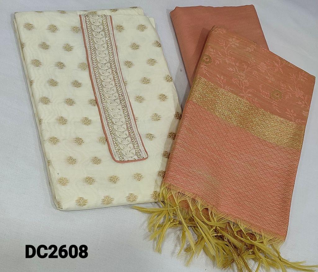 CODE DC2608 : Premium Ivory Silk Cotton Unstitched salwar material(thin fabric, requires lining) with zari woven buttas on frontside, thread and sequence work on yoke, sober peach thin silky bottom, embroidery and zari weaving buttas on jakard silk cotton dupatta with zari woven borders and tassels